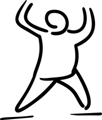 Black line drawing of a joyful dancing person raising hands in excitement. Vector illustration