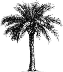 Black and white sketch of a palm tree with detailed leaves and textured trunk. Vector illustration
