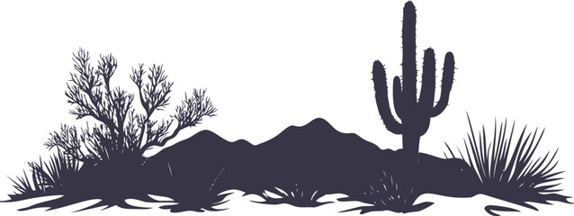 Desert landscape silhouette with cactus and bushes in black and white art. Vector illustration