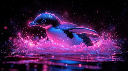 Penguin's Neon Splash Dive Displaying Vibrant Aquatic Brilliance Enhanced with Luminous Water Effects