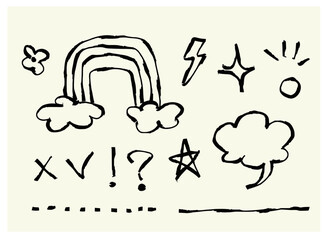 Hand-drawn doodle symbols including rainbow, star, cloud, lightning, sun, punctuation, and decorative lines. Fun sketch style for creative projects.
