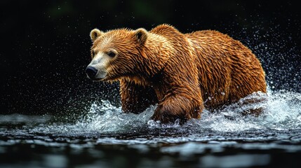 Obraz premium Powerful Brown Bear Splashing Through Water with Dynamic Movement and Fur Detail Close Up