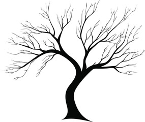 Black and white silhouette of a leafless tree with twisted branches, vector art. Vector illustration