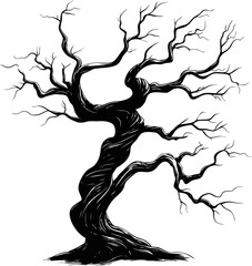 Silhouette of a twisted, leafless tree with intricate branches, black and white art. Vector illustration