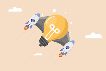 Innovative Business Solutions Taking Flight Light Bulb Rocket Launching Towards Success in a Creative and Inspiring Startup Environment.