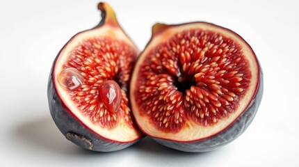 Close up of a ripe fig fruit cut in half showing seeds and juice