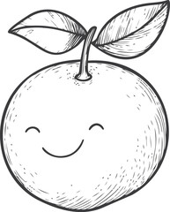 Smiling orange with leaves in black and white sketch illustration. Vector illustration