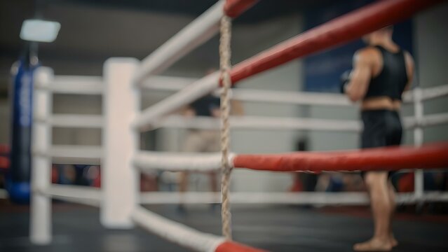 Defocused gym background with male boxer and personal trainer during combat sports coaching and MMA training session in boxing ring