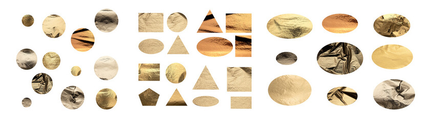 Geometric shapes, including circles, triangles, rectangles, and ovals, in gold and metallic...