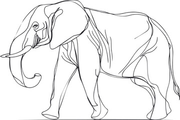 Line drawing of an elephant with curved trunk and large ears. Vector illustration