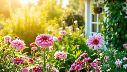 Obraz premium Morning Sunlight on a Blossoming Home Garden