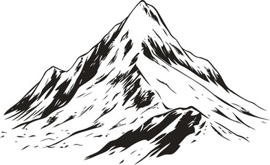 Monochrome mountain peak illustration in detailed line art style. Vector illustration