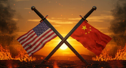 Crossed swords with the flags of the United States and China in a dramatic sunset setting, symbolizing conflict and rivalry between the two nations.