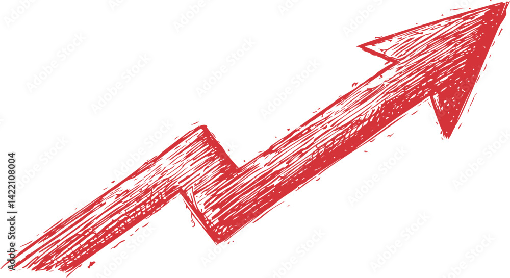 Poster red sketchy zigzag arrow pointing upward, symbolizing growth and progress. vector illustration