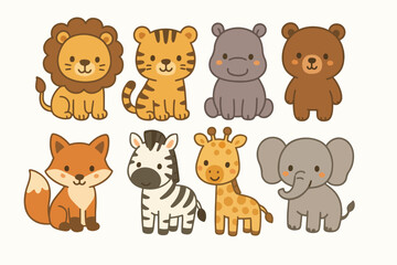 set of cartoon animals including lion, tiger, hippo, woodland animal ,bear, fox, zebra, giraffe, and elephant. safari jungle animals vector. 
