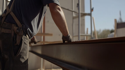 Construction Worker Handling a Steel Beam