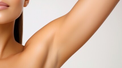 Fototapeta premium Confident Model with Smooth Skin Applying Cosmetic Product for Underarm Care in a Bright Setting