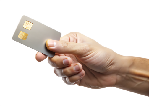 Hand holding modern chip card isolated on white background