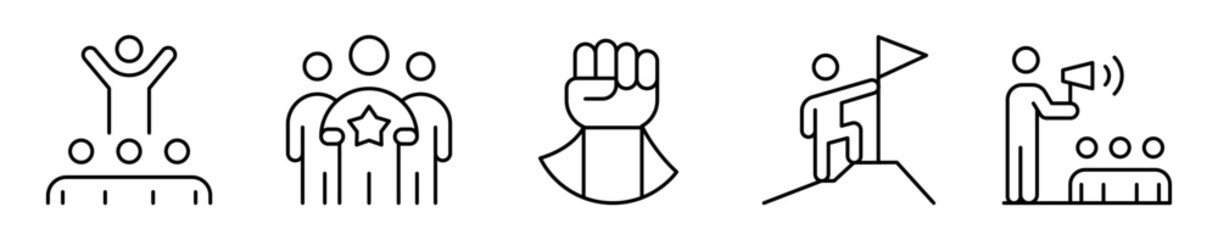 Conjunto de iconos de liderazgo. Personas, motivación, éxito, logro, comunicación. Ilustración vectorial