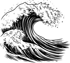 Fototapeta premium Black and white illustration of a large ocean wave in a classic style. Vector illustration