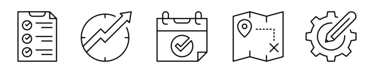 Conjunto de iconos de plan de acción. Lista, objetivos, calendario, ruta, estrategia. Ilustración vectorial