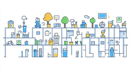 Flat vector illustration of eco project team planting trees with recycling bins solar panels and green energy icons
