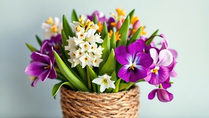 Obraz premium Elegant Spring Flowers in Rope-Wrapped Pot - White, Cyan, and Gold Hyacinth, Viola, and Fuchsia