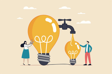 Sharing idea or knowledge sharing, transfer information or wisdom to employees or colleagues, creativity or innovation, learning new skills concept, business people transfer idea to new lightbulb.