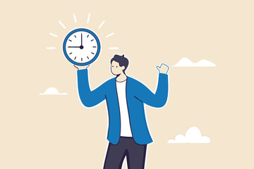 Punctuality, being on time for appointment or schedule, finish work within deadline or timing, meeting reminder or time management concept, punctual businessman holding clock with precise timing.