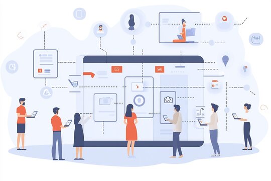 Flat vector illustration of omnichannel retail integration with POS system upgrades inventory sync arrows and buy online pickup in store flows