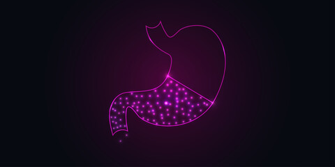 Stomach digestive system organ , Concept for medical, pharmacology treatment of the digestive system. Abstract modern 3d vector illustration on black and purple background.