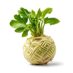Celeriac with carved skin and leaves on white background