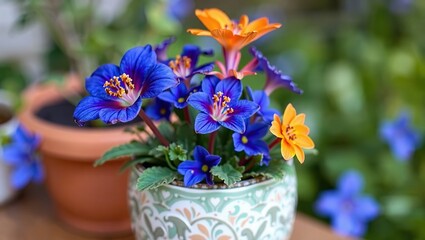Blue and Orange Flowers in Fairy Garden Pot - Summertime Bloom