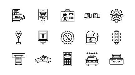 Taxi cab, car service line icon set. Rideshare, travel driver, passenger, taxi app, fare, Hail a Cab, location, rent a car, vector icon collection. UI outline icon pack