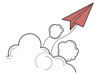 Red Paper Airplane Flying Above Whimsical Clouds – Creative Travel Concept