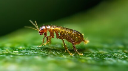 Fototapeta premium A small insect with six legs is standing on a leaf