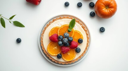 Delicious fruit tart with raspberries blueberries and orange slices closeup