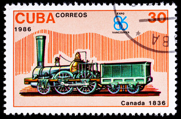 Postage stamp of Cuba with a retro train.