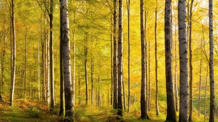 Obraz premium Serene autumn forest with golden foliage, sunlight filtering through trees, peaceful atmosphere