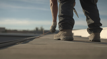 Worker Walking on a Flat Roof with Tools