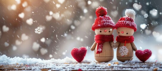 Valentine's Day theme with wooden toys depicting a boy and girl on snowy background with a heartwarming scene. Ideal copy space image for a cold world with love theme