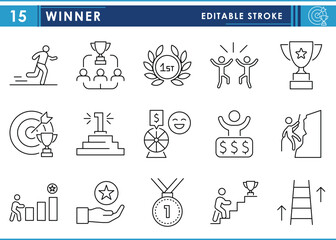 A set of line icons related to Winner. Win, victory, medal, celebrate, trophy, lottery, award, and so on. Vector editable stroke.