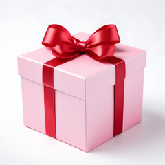 Obraz premium Elegant pink gift box with a red ribbon bow on a white background, perfect for special occasions and celebrations.