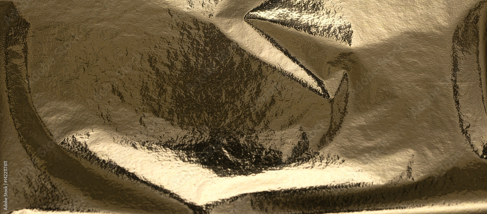Poster gold and golden foil texture with a shiny, wrinkled, and creased surface. rich, reflective material 