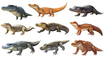 Naklejka premium Nine Crocodiles with Diverse Colors, and White BG.