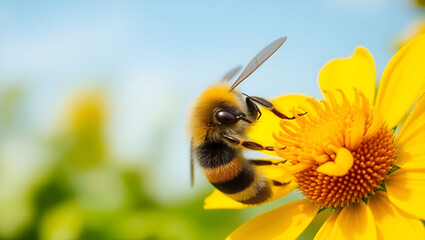 Bee and flower. Close up of a large striped bee collecting pollen on a yellow flower on a Sunny bright day. Banner, on the left is an empty space for the text. Summer and spring backgrounds
