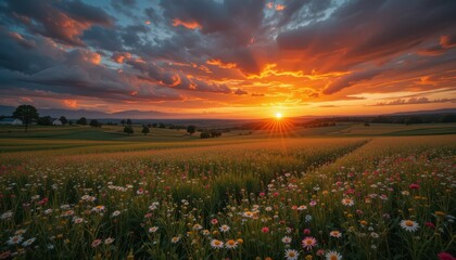 Obraz premium Majestic Sunset Over Vibrant Flower Field in Rural Landscape