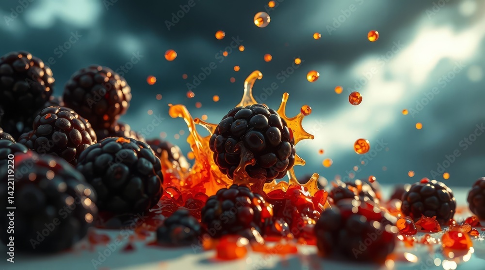 Aufkleber Fresh blackberries falling into juice creating splash effect on dark background