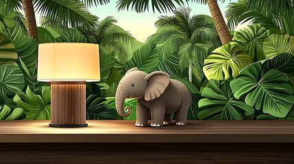 Cute Elephant Figurine Beside Lamp in Tropical Jungle Setting