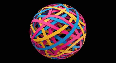 Rubber band ball made of pink, yellow, and blue elastic bands on a black background